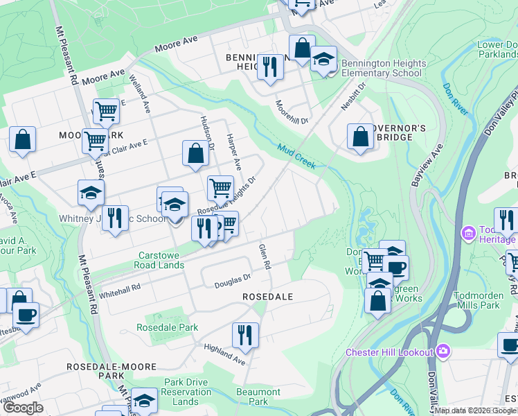 map of restaurants, bars, coffee shops, grocery stores, and more near 30 Edgewood Crescent in Toronto