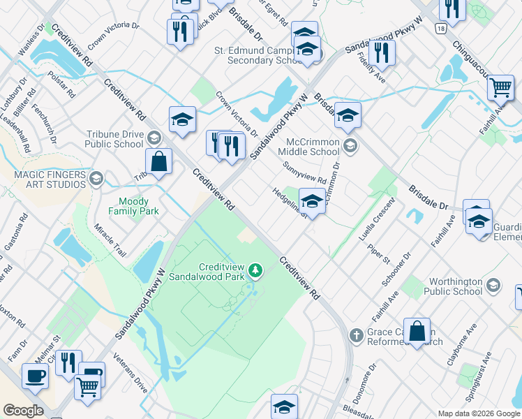 map of restaurants, bars, coffee shops, grocery stores, and more near 58 Lockheed Crescent in Brampton