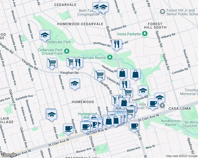 map of restaurants, bars, coffee shops, grocery stores, and more near in Toronto