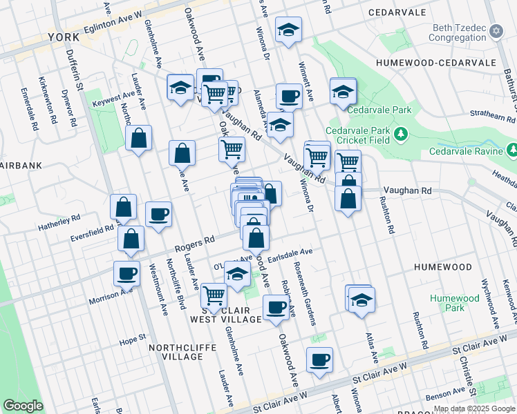 map of restaurants, bars, coffee shops, grocery stores, and more near in Toronto