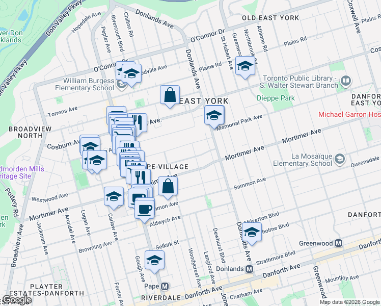 map of restaurants, bars, coffee shops, grocery stores, and more near 260 Dewhurst Boulevard North in Toronto
