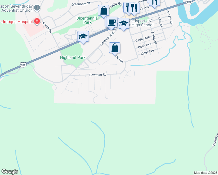 map of restaurants, bars, coffee shops, grocery stores, and more near 1020 View Street in Reedsport