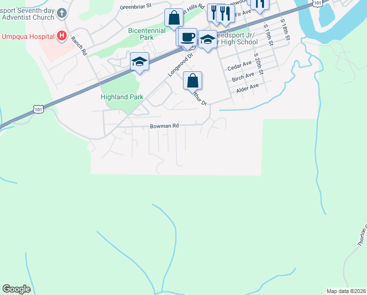 map of restaurants, bars, coffee shops, grocery stores, and more near 935 View Street in Reedsport