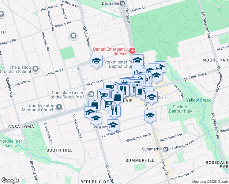 map of restaurants, bars, coffee shops, grocery stores, and more near 9 Deer Park Crescent in Toronto