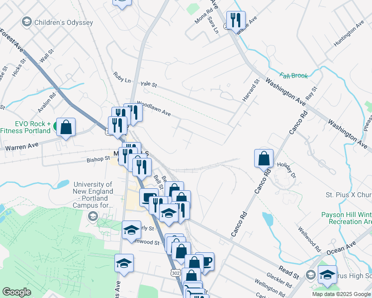 map of restaurants, bars, coffee shops, grocery stores, and more near 99 Cambridge Street in Portland