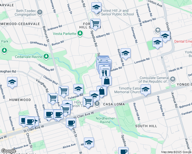 map of restaurants, bars, coffee shops, grocery stores, and more near 345 Lonsdale Road in Toronto
