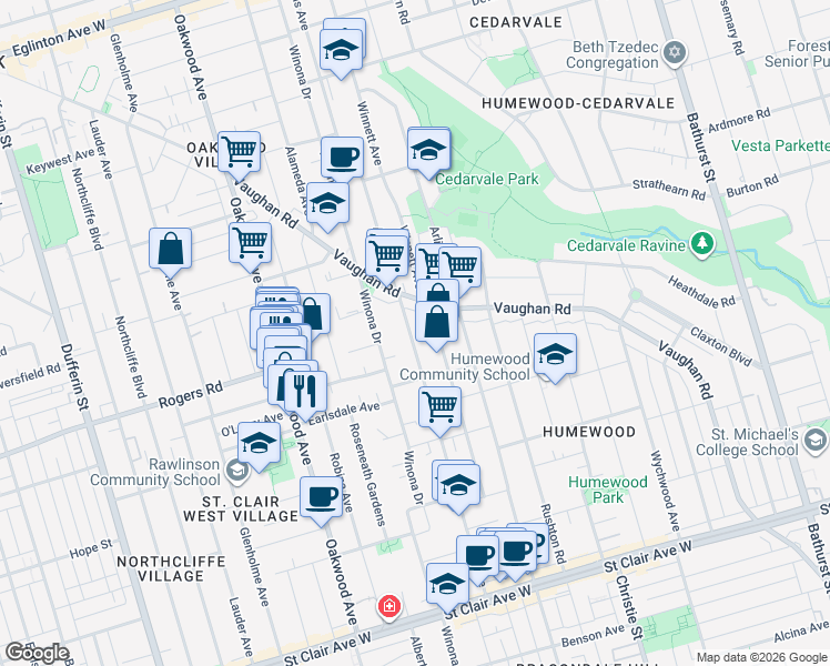 map of restaurants, bars, coffee shops, grocery stores, and more near 217 Atlas Avenue in Toronto