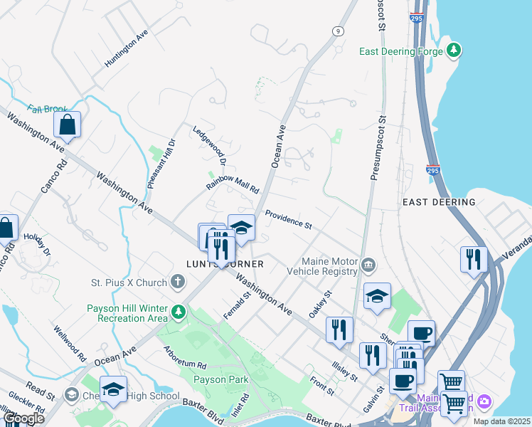 map of restaurants, bars, coffee shops, grocery stores, and more near 12 Cranston Street in Portland