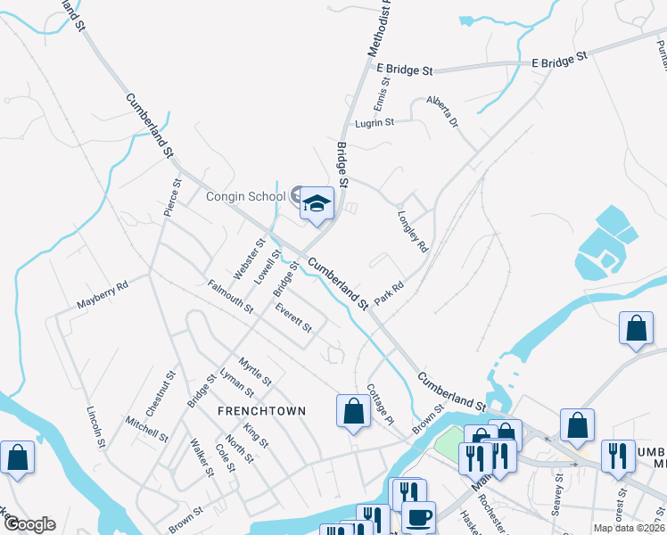 map of restaurants, bars, coffee shops, grocery stores, and more near 279 Cumberland Street in Westbrook