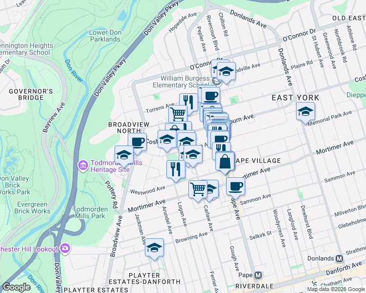 map of restaurants, bars, coffee shops, grocery stores, and more near 80 Gowan Avenue in Toronto