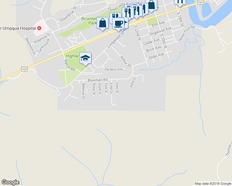 map of restaurants, bars, coffee shops, grocery stores, and more near 935 View Street in Reedsport