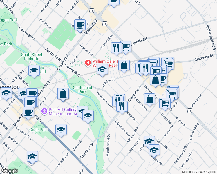 map of restaurants, bars, coffee shops, grocery stores, and more near 28 Hardwick Drive in Brampton