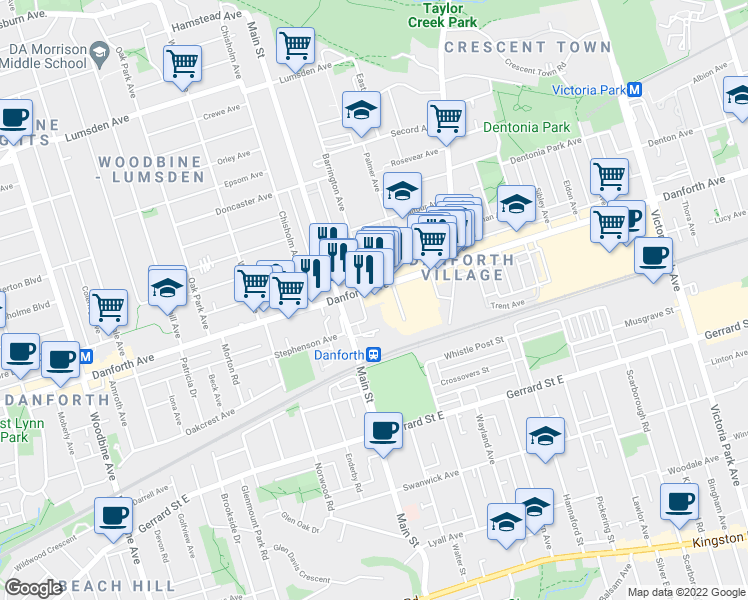 map of restaurants, bars, coffee shops, grocery stores, and more near 2575 Danforth Avenue in Toronto