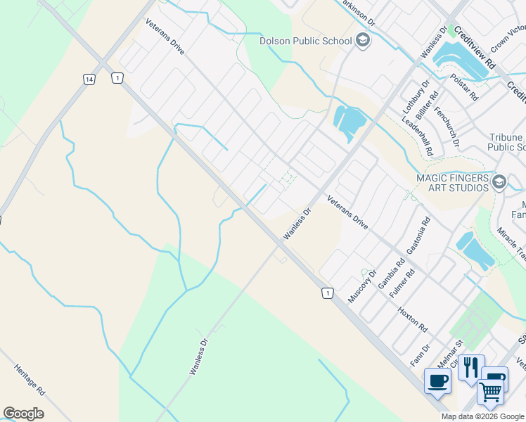 map of restaurants, bars, coffee shops, grocery stores, and more near 75 Finegan Circle in Brampton