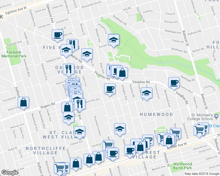 map of restaurants, bars, coffee shops, grocery stores, and more near 219 Atlas Avenue in Toronto