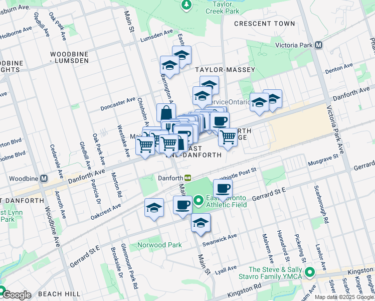 map of restaurants, bars, coffee shops, grocery stores, and more near 2575 Danforth Avenue in Toronto