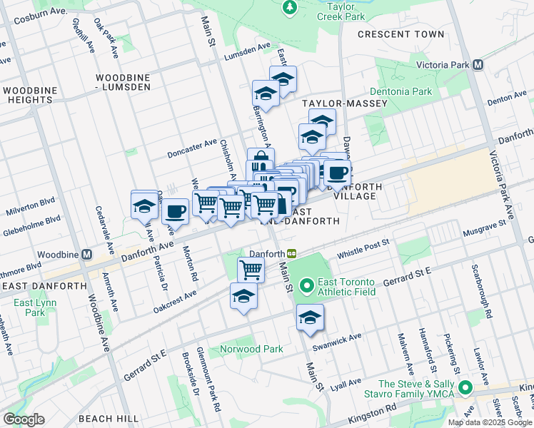 map of restaurants, bars, coffee shops, grocery stores, and more near Danforth Ave & Main St in Toronto