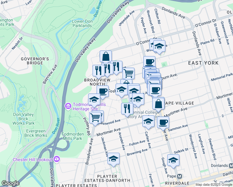 map of restaurants, bars, coffee shops, grocery stores, and more near 25 Cosburn Avenue in Toronto