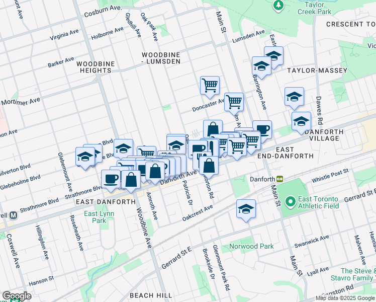 map of restaurants, bars, coffee shops, grocery stores, and more near 30 Oak Park Avenue in Toronto