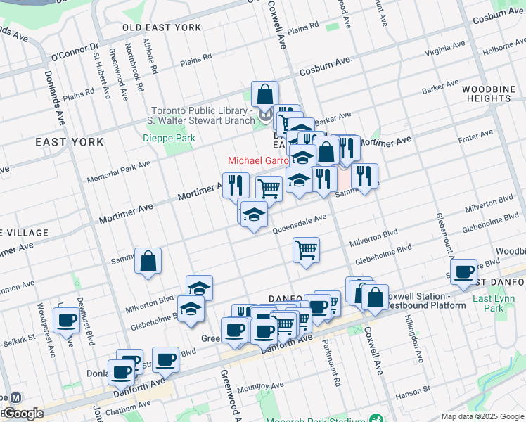 map of restaurants, bars, coffee shops, grocery stores, and more near 80 Queensdale Avenue in Toronto