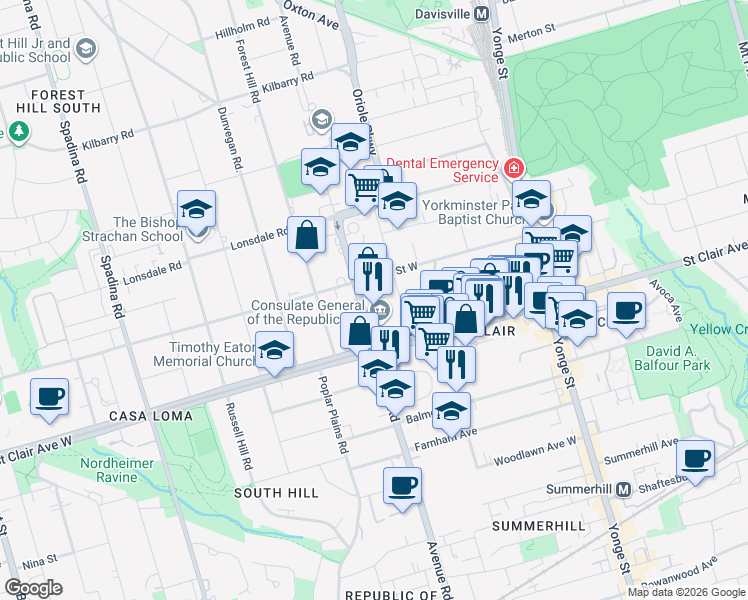 map of restaurants, bars, coffee shops, grocery stores, and more near 565 Avenue Road in Toronto