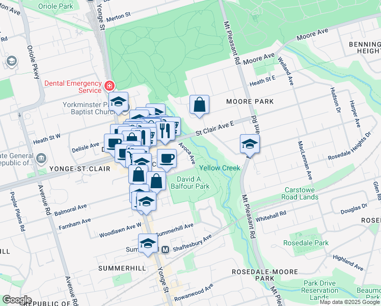 map of restaurants, bars, coffee shops, grocery stores, and more near 20 Avoca Avenue in Toronto