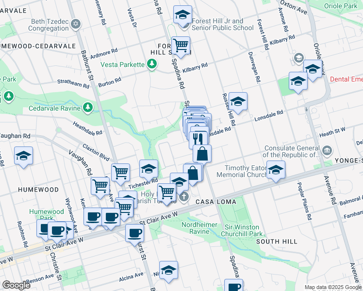 map of restaurants, bars, coffee shops, grocery stores, and more near in Toronto