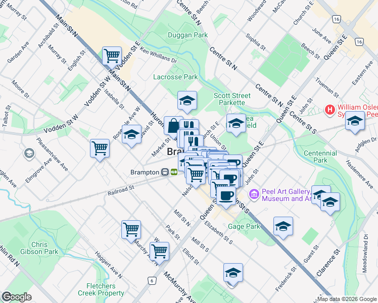 map of restaurants, bars, coffee shops, grocery stores, and more near in Brampton