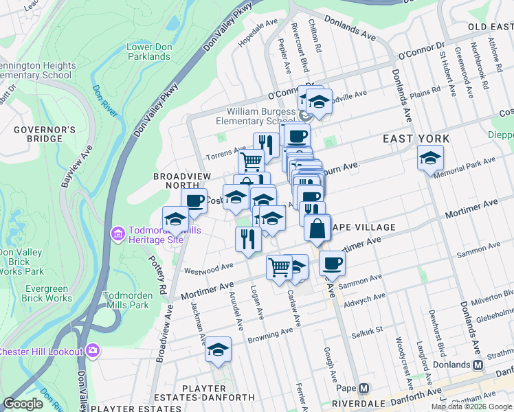 map of restaurants, bars, coffee shops, grocery stores, and more near 80 Gowan Avenue in Toronto