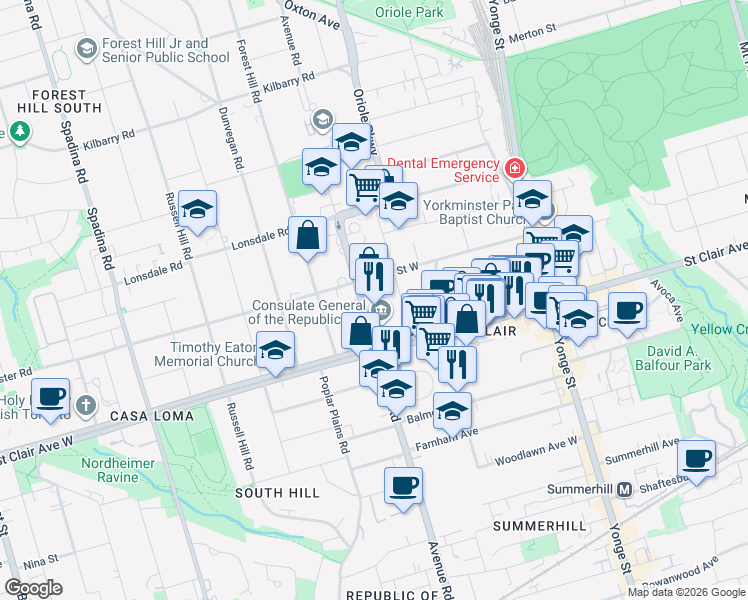 map of restaurants, bars, coffee shops, grocery stores, and more near 565 Avenue Road in Toronto
