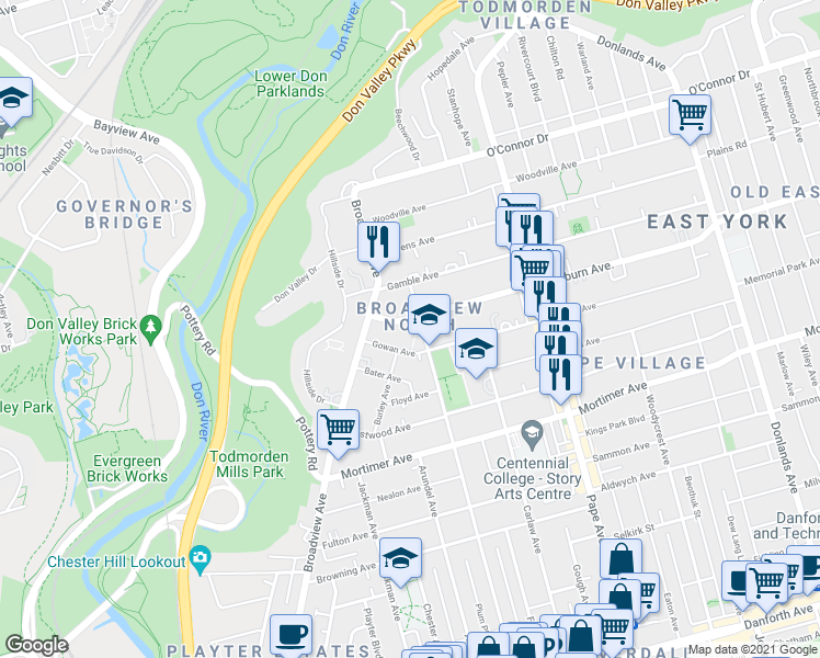 map of restaurants, bars, coffee shops, grocery stores, and more near 25 Cosburn Avenue in Toronto