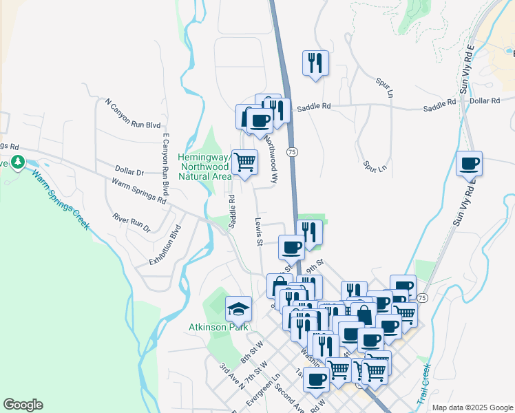 map of restaurants, bars, coffee shops, grocery stores, and more near 336 Lewis Street in Sun Valley