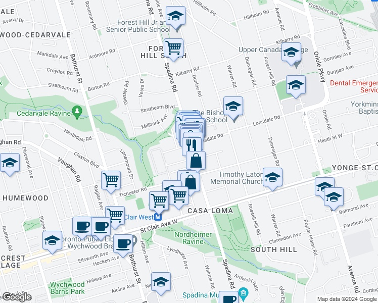 map of restaurants, bars, coffee shops, grocery stores, and more near 400 Spadina Road in Toronto