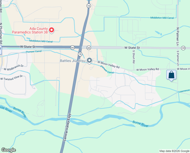 map of restaurants, bars, coffee shops, grocery stores, and more near 8405 West Moon Valley Road in Eagle