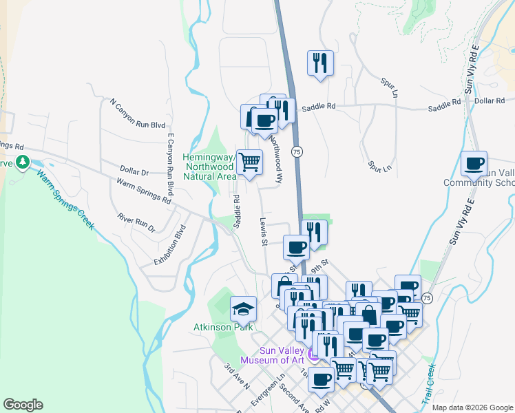 map of restaurants, bars, coffee shops, grocery stores, and more near 323 Lewis Street in Ketchum