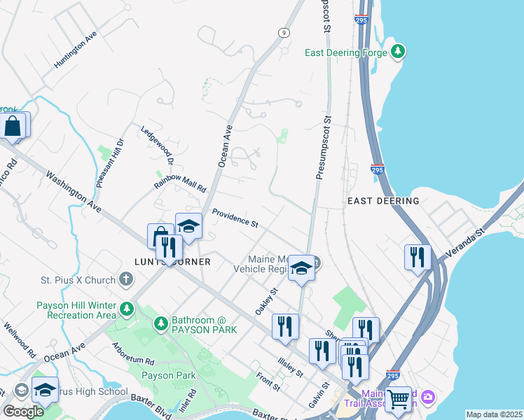 map of restaurants, bars, coffee shops, grocery stores, and more near 77 Providence Street in Portland
