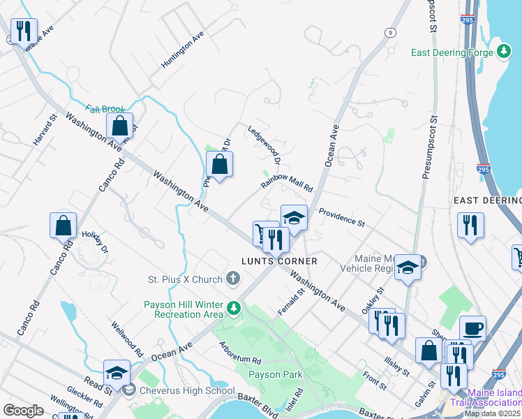 map of restaurants, bars, coffee shops, grocery stores, and more near 27 Byfield Road in Portland