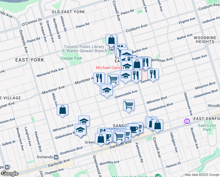 map of restaurants, bars, coffee shops, grocery stores, and more near in Toronto