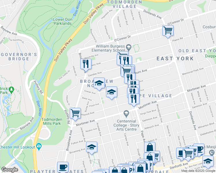 map of restaurants, bars, coffee shops, grocery stores, and more near in Toronto