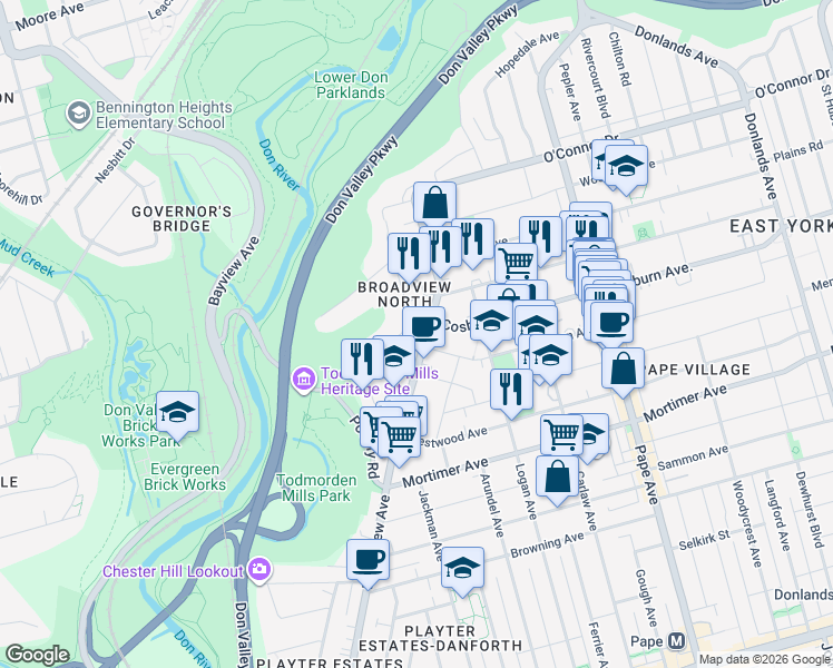 map of restaurants, bars, coffee shops, grocery stores, and more near in Toronto