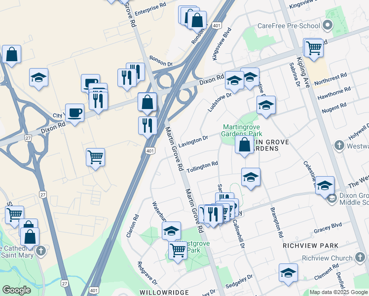 map of restaurants, bars, coffee shops, grocery stores, and more near in Toronto