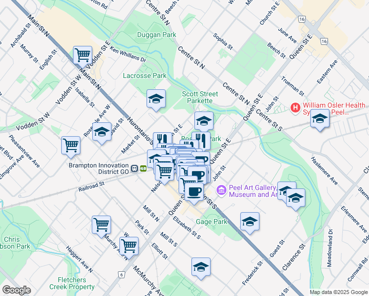 map of restaurants, bars, coffee shops, grocery stores, and more near 82 Main Street North in Brampton
