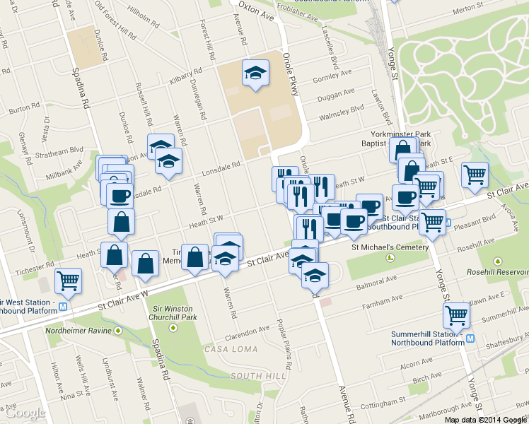 map of restaurants, bars, coffee shops, grocery stores, and more near 49 Forest Hill Rd in Toronto