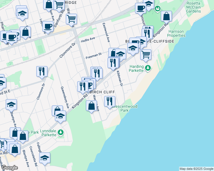 map of restaurants, bars, coffee shops, grocery stores, and more near 7 Rodeo Pathway in Toronto