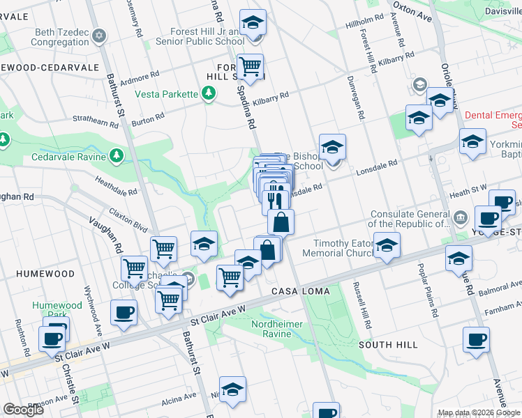 map of restaurants, bars, coffee shops, grocery stores, and more near 335 Lonsdale Road in Toronto