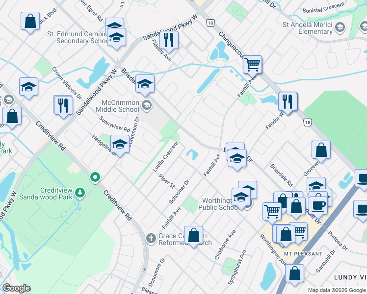 map of restaurants, bars, coffee shops, grocery stores, and more near 87 Luella Crescent in Brampton