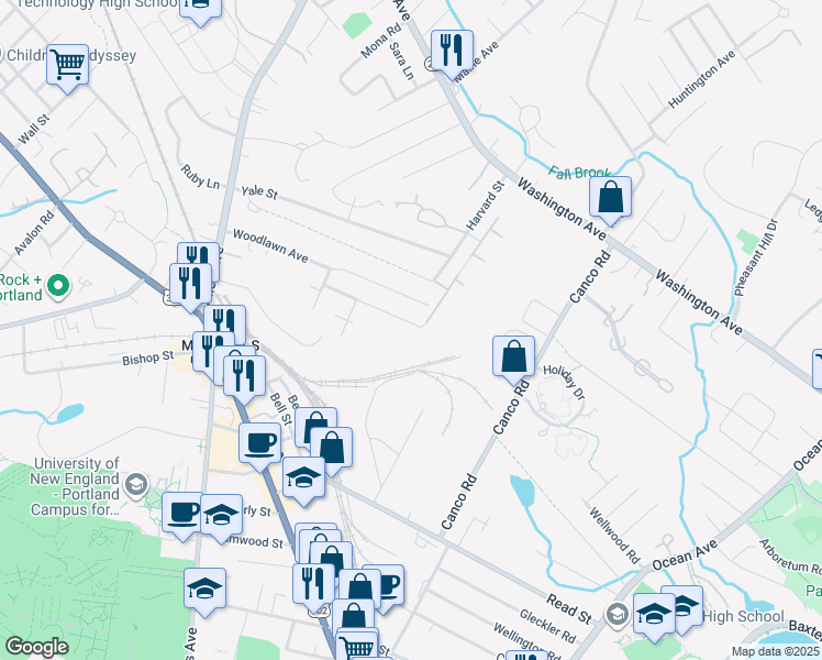 map of restaurants, bars, coffee shops, grocery stores, and more near 81 University Street in Portland