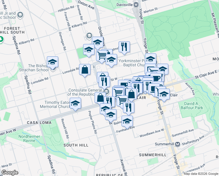 map of restaurants, bars, coffee shops, grocery stores, and more near 38 Oriole Road in Toronto