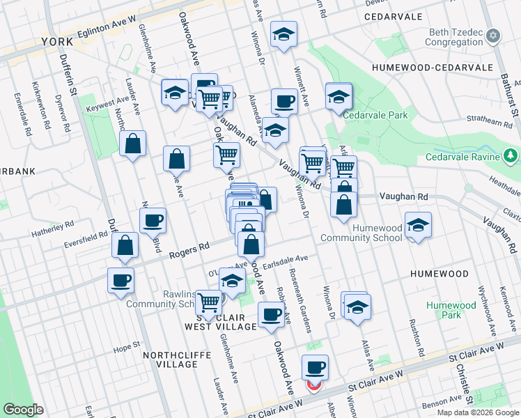 map of restaurants, bars, coffee shops, grocery stores, and more near 243 Robina Avenue in Toronto