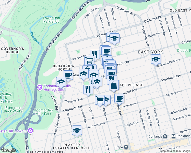 map of restaurants, bars, coffee shops, grocery stores, and more near 100 Gowan Avenue in Toronto